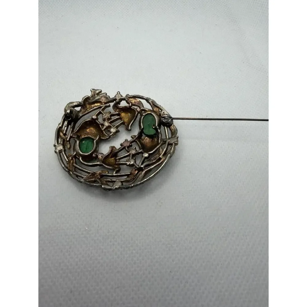 Gorgeous Silver Tone Antique Brooch, Art Nouveau Flowers W/ Green Gemstones